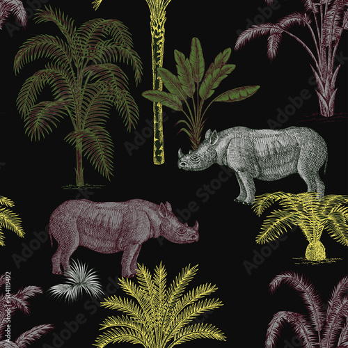 Safari ink drawn palm trees,  rhino animal summer floral seamless pattern. African landscape wallpaper.