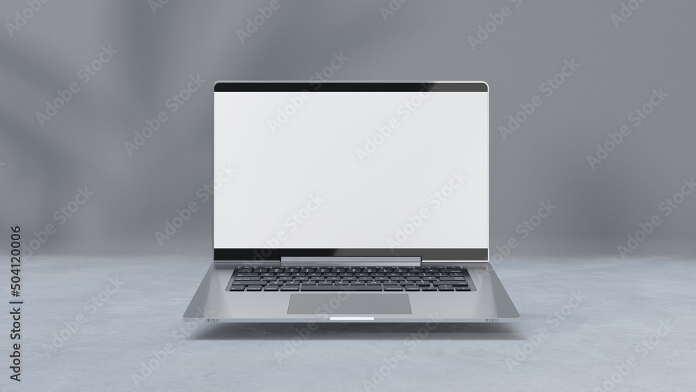 Empty display laptop with decoration minimal. Shadow from tree on cement floor. Mock-up computer and minimalism concept, 3D Render.