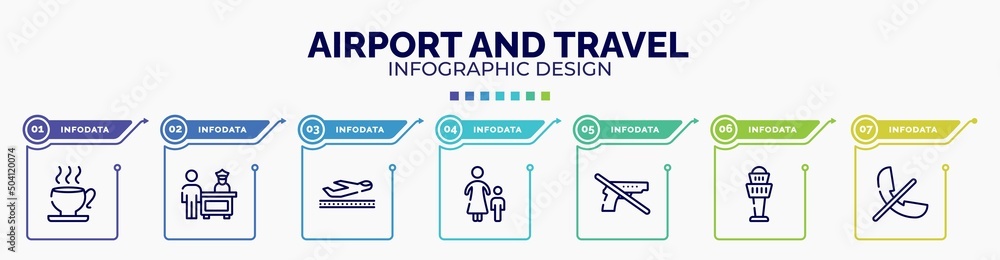 infographic for airport and travel concept. vector infographic template with icons and 7 option or steps. included teacup, customs control, takeoff the plane, mother and son, no guns, airport infographic for airport and travel concept. vector infographic template with icons and 7 option or steps. included teacup, customs control, takeoff the plane, mother and son, no guns, airport
