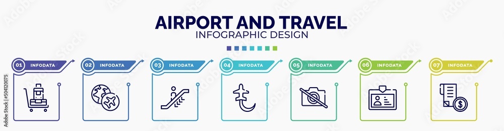 infographic for airport and travel concept. vector infographic template with icons and 7 option or steps. included luggage trolley, travelling globe, or going down, planes circling, no photography, infographic for airport and travel concept. vector infographic template with icons and 7 option or steps. included luggage trolley, travelling globe, or going down, planes circling, no photography,