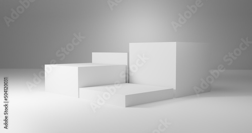 Generic product display presentation. Four white cube pedestal podium. Minimal scene. Abstract background. 3d render illustration