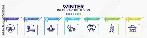 infographic for winter concept. vector infographic template with icons and 7 option or steps. included winter tire, turtleneck sweater, fur coat, bauble, snowshoes, electric heater, winter cabin