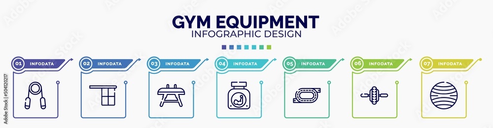 infographic for gym equipment concept. vector infographic template with icons and 7 option or steps. included handgrip, offside, vaulting horse, protein powder, race track, electric unicycle, yoga