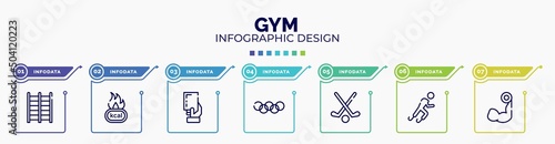 infographic for gym concept. vector infographic template with icons and 7 option or steps. included trellis, calories, yellow card, rings, field hockey, paralympics, biceps curl editable vector.