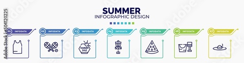infographic for summer concept. vector infographic template with icons and 7 option or steps. included sleeveless, rackets, summer sale, disc golf, slice of melon, sand bucket and shovel, summer hat