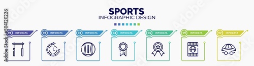 infographic for sports concept. vector infographic template with icons and 7 option or steps. included horizontal bar, routine, medicine ball, first place, first prize, blue card, swimming hat