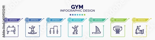infographic for gym concept. vector infographic template with icons and 7 option or steps. included buck, highlining, gym bars, powerbocking, catamaran, basketball hoop, gym station editable vector.