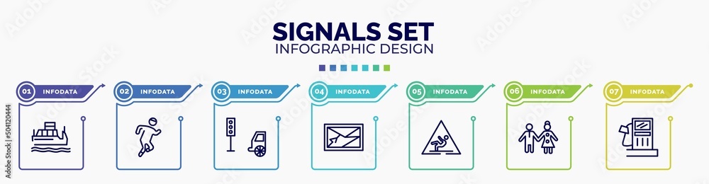 infographic for signals set concept. vector infographic template with icons and 7 option or steps. included water taxi, running, car traffic, navigator, wet floot, girl and boy, fuel oil bomb infographic for signals set concept. vector infographic template with icons and 7 option or steps. included water taxi, running, car traffic, navigator, wet floot, girl and boy, fuel oil bomb