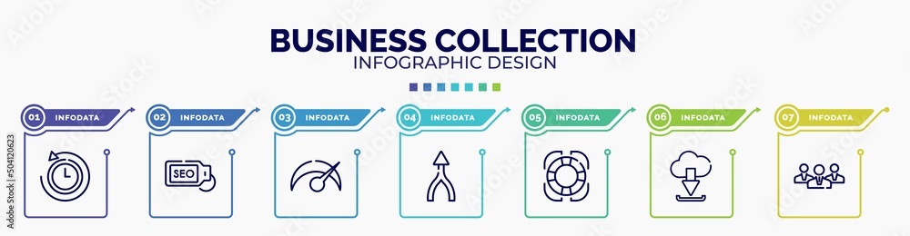 Fototapeta premium infographic for business collection concept. vector infographic template with icons and 7 option or steps. included rewind time, seo tag, velocity, merging, rescue, download from cloud, businessmen