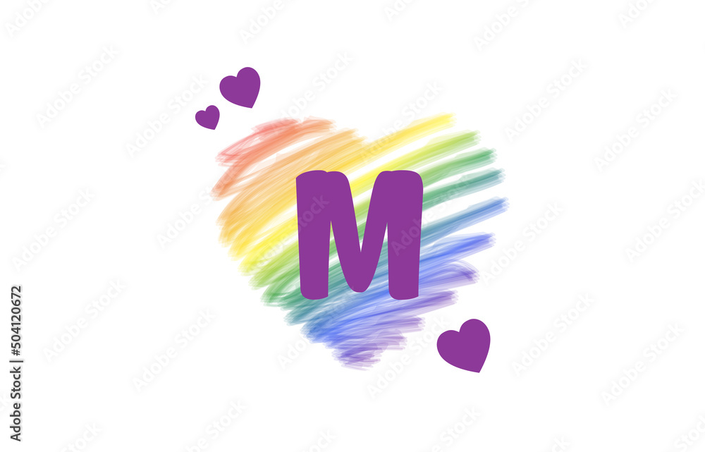 Obraz premium M Heart Letter Logo Design with Rainbow Color Brush Stroke Paint, Vector Illustration.