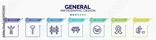 infographic for general concept. vector infographic template with icons and 7 option or steps. included man with open arms, sledgehammer, traffic barriers, picnic table with basket, go green badge,