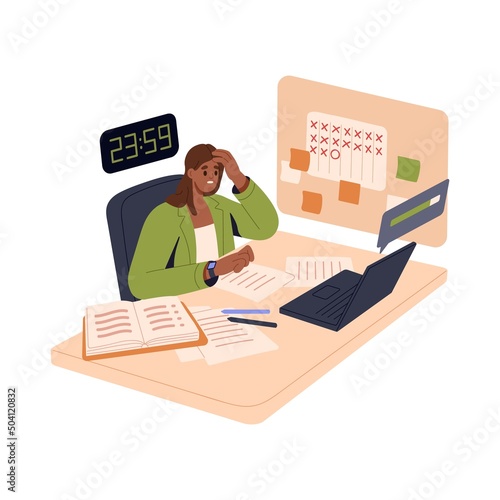 Tired employee staying at work in office, hurrying to meet deadline. Busy woman overworking late at night to be in time. Working overtime concept. Flat vector illustration isolated on white background