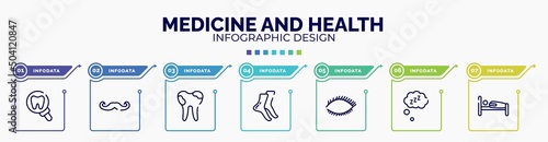 infographic for medicine and health concept. vector infographic template with icons and 7 option or steps. included tooth zoom, mustache curled tip, dental caries, tiptoe feet, eye with lashes, zzz