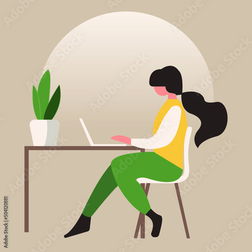 Girl works at a computer, office worker, freelancer, digital profession, email, answer an incoming letter. Colorful flat illustration	