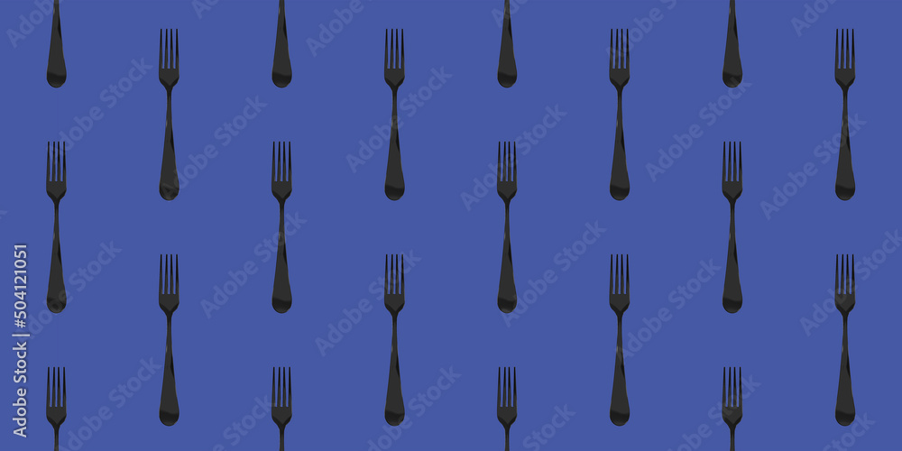 pattern. Fork top view on blue purple background. Template for applying to surface. Flat lay. Banner for insertion into site. Horizontal image. 3D image. 3D rendering.