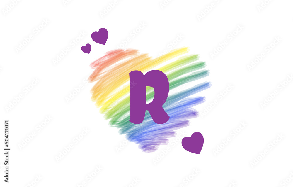 R Heart Letter Logo Design with Rainbow Color Brush Stroke Paint, Vector Illustration. R Heart Letter Logo Design with Rainbow Color Brush Stroke Paint, Vector Illustration.