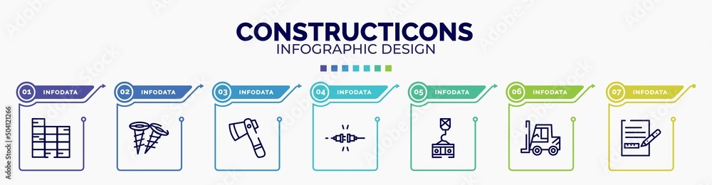 infographic for constructicons concept. vector infographic template with icons and 7 option or steps. included constructing a brick wall, two screws, inclined ax, plug for electric connection, crane infographic for constructicons concept. vector infographic template with icons and 7 option or steps. included constructing a brick wall, two screws, inclined ax, plug for electric connection, crane