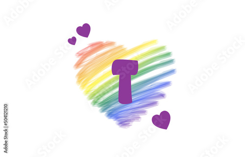 T Heart Letter Logo Design with Rainbow Color Brush Stroke Paint, Vector Illustration.