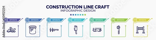 infographic for construction line craft concept. vector infographic template with icons and 7 option or steps. included tipper truck, paint can open, calipers, cleaver, protection glasses, wood
