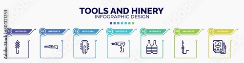 infographic for tools and hinery concept. vector infographic template with icons and 7 option or steps. included drill tip, stationery knife, dyupel, perforator, reflective vest, solder, electric