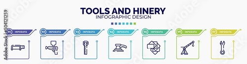 infographic for tools and hinery concept. vector infographic template with icons and 7 option or steps. included hacksaw with handle, spray gun, sliding scale, sanding hine, color pack, davit,