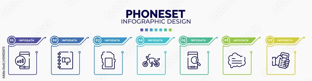 infographic for phoneset concept. vector infographic template with icons and 7 option or steps. included mobile, complaints book, card black tool shape, motorbike, searching by phone, bubble speech,