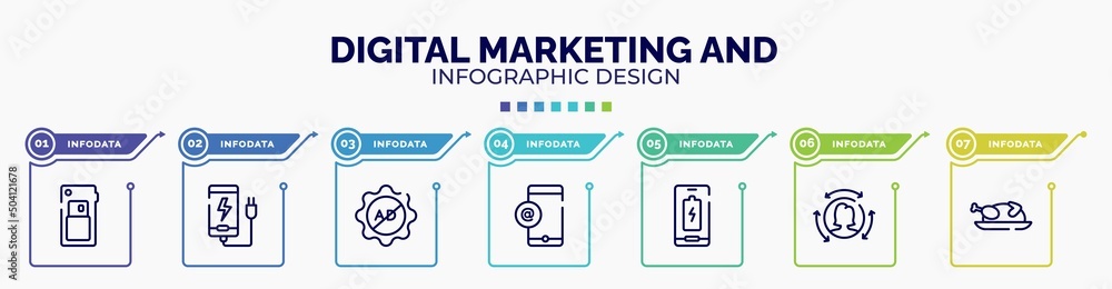 infographic for digital marketing and concept. vector infographic template with icons and 7 option or steps. included card back, phone plug, ad block, mobile email, full charged battery,