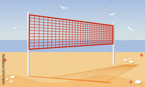 beach volleyball and net on a sand beach with bring sea sky background. Flat vector illustration of beachvolley