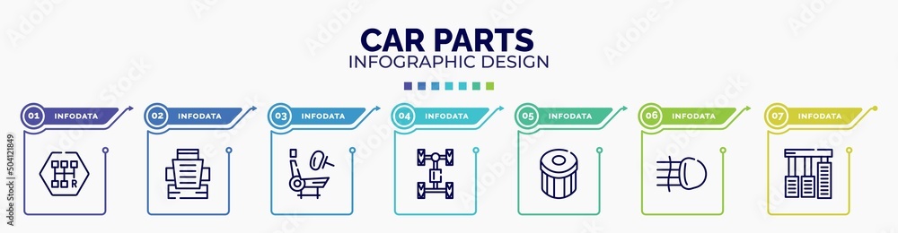 infographic for car parts concept. vector infographic template with icons and 7 option or steps. included car gearbox, car bucket seat, air bag, axle, oil filter, fog lamp, accelerator editable infographic for car parts concept. vector infographic template with icons and 7 option or steps. included car gearbox, car bucket seat, air bag, axle, oil filter, fog lamp, accelerator editable