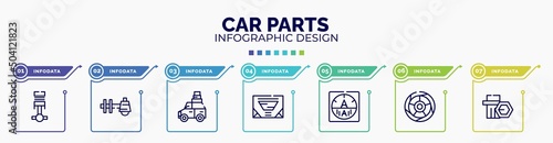 infographic for car parts concept. vector infographic template with icons and 7 option or steps. included car piston, car sump, luggage rack, sunroof or sunshine roof, ammeter, tyre, wheel nut