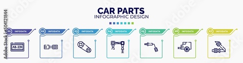 infographic for car parts concept. vector infographic template with icons and 7 option or steps. included car numberplate, car petrol cap, camshaft, torsion bar, wheel brace, tailpipe, seat belt or