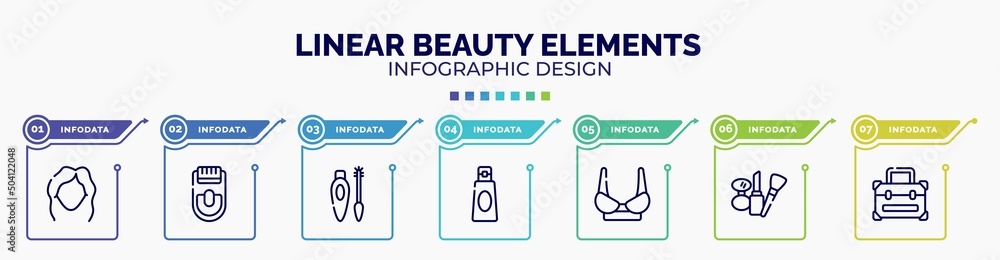 infographic for linear beauty elements concept. vector infographic template with icons and 7 option or steps. included women makeup, epilador, eyes mascara, shampoo bottle, women brassiere, cosmetic infographic for linear beauty elements concept. vector infographic template with icons and 7 option or steps. included women makeup, epilador, eyes mascara, shampoo bottle, women brassiere, cosmetic