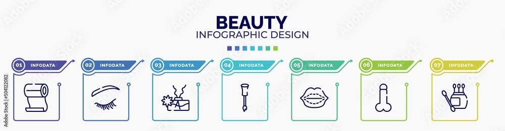infographic for beauty concept. vector infographic template with icons and 7 option or steps. included roll on, eyelash, aroma, nail brush, lip augmentation, , earbuds editable vector. infographic for beauty concept. vector infographic template with icons and 7 option or steps. included roll on, eyelash, aroma, nail brush, lip augmentation, , earbuds editable vector.