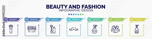 infographic for beauty and fashion concept. vector infographic template with icons and 7 option or steps. included hair shaver, solarium, null, big mustache, hair spray bottle, suit on hanger, hand