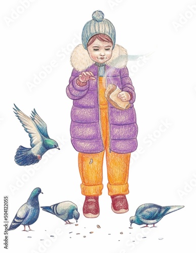 Watercolor illustration. A cute girl feeds her bread to pigeons in cold weather. Autumn, the month of November. Vector on an isolated background.