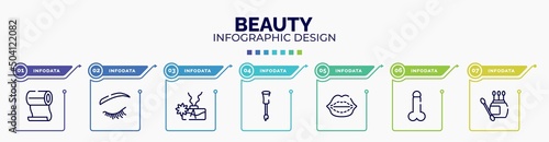 infographic for beauty concept. vector infographic template with icons and 7 option or steps. included roll on, eyelash, aroma, nail brush, lip augmentation, , earbuds editable vector.