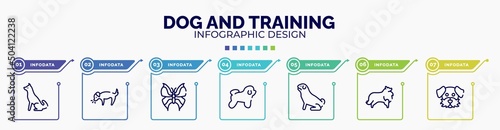 infographic for dog and training concept. vector infographic template with icons and 7 option or steps. included akitas, dog smelling dog, leaf butterfly, bichon frise, pug, sheltie, moustache
