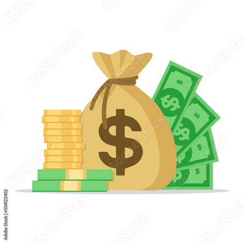 Money. Flat illustration of a money bag. Dollars and gold coins stack up. Wealth and banking icon. Vector illustration isolated on white background