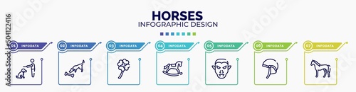 infographic for horses concept. vector infographic template with icons and 7 option or steps. included null, dog smelling a bone, four leaf clover, rocker horse, vampire, jockey hat, horse standing