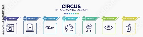 infographic for circus concept. vector infographic template with icons and 7 option or steps. included autumn, voortrekker, sea cow, juggling, grill, rugby ball, soda editable vector.