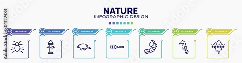 infographic for nature concept. vector infographic template with icons and 7 option or steps. included flea, fire hydrant, porcupine, flashlight, shrimp, seahorse, glacier editable vector.