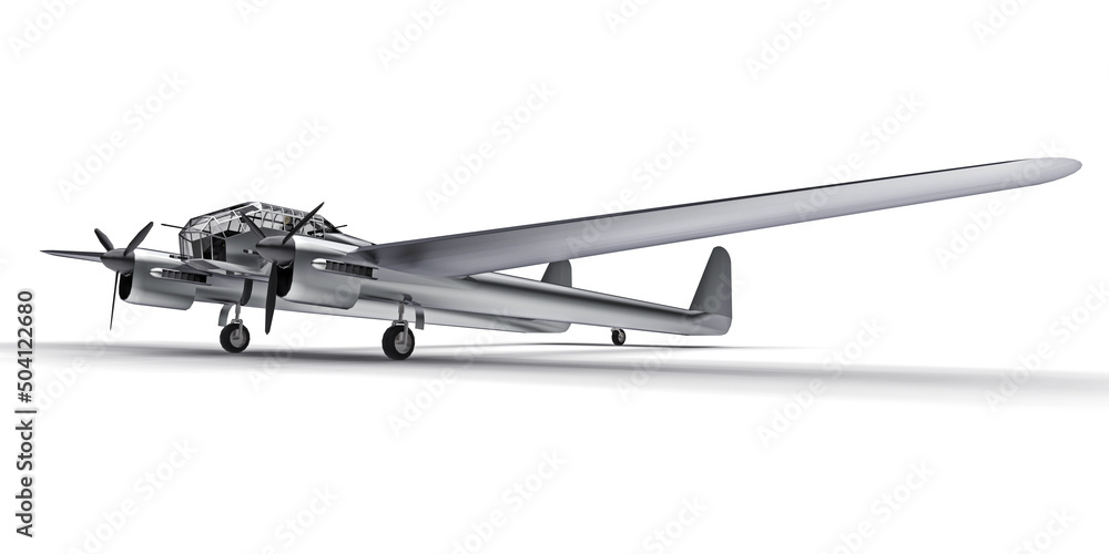 Fototapeta Three-dimensional model of the bomber aircraft of the second world war. Shiny aluminum body with two tails and wide wings. Turboprop engine. Shiny gray airplane on a white background. 3d illustration.