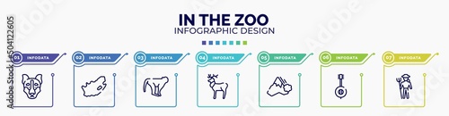 infographic for in the zoo concept. vector infographic template with icons and 7 option or steps. included siberian husky, south africa, monkeys, reindeer, avalanche, banjo, zoo keeper editable