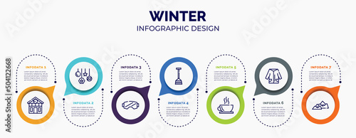 infographic for winter concept. vector infographic template with icons and 7 option or steps. included chalet, bauble, snow goggle, winter shovel, hot tea, winter clothes, snowy mountain for