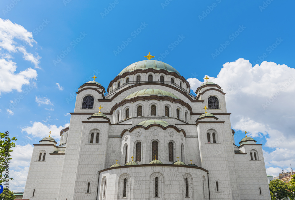 Back part of Saint Sava christian catedral with blue cloudy sky in the capital Belgrade of Serbia