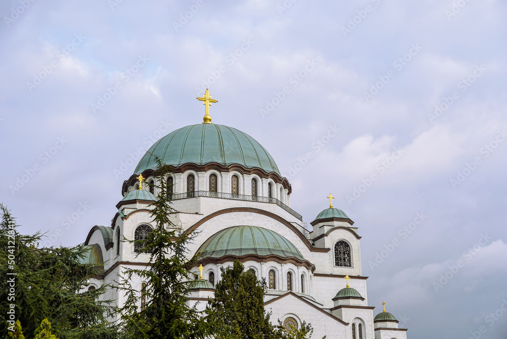 Beautiful Saint Sava christian catedral marbel wall with blue cloudy sky in the capital Belgrade