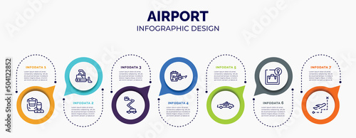 infographic for airport concept. vector infographic template with icons and 7 option or steps. included train operator, bulldozer side view, aerial lift, miscellaneous, police car side view, left