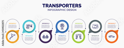 infographic for transporters concept. vector infographic template with icons and 7 option or steps. included brakes, helicopter side view, tram side view, checkpoint, carwash hine, windscreen, car