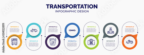 infographic for transportation concept. vector infographic template with icons and 7 option or steps. included flight information, convertible car, ticket validator, damper, drone case, luggage