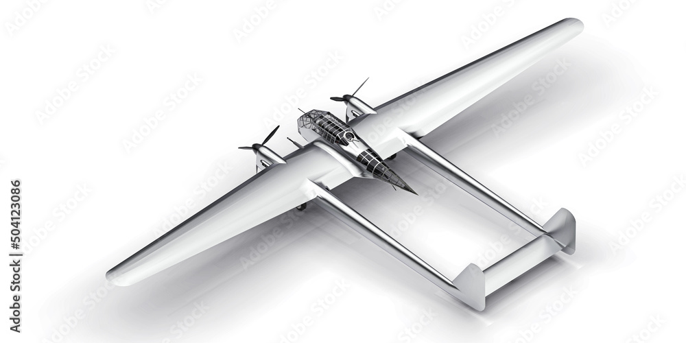 Three-dimensional model of the bomber aircraft of the second world war. Shiny aluminum body with two tails and wide wings. Turboprop engine. Shiny gray airplane on a white background. 3d illustration. Three-dimensional model of the bomber aircraft of the second world war. Shiny aluminum body with two tails and wide wings. Turboprop engine. Shiny gray airplane on a white background. 3d illustration.